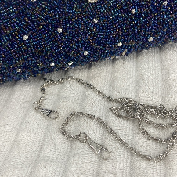 Shades of blue silvertone detail beaded sparkle evening bag crossbody chain - Picture 13 of 16